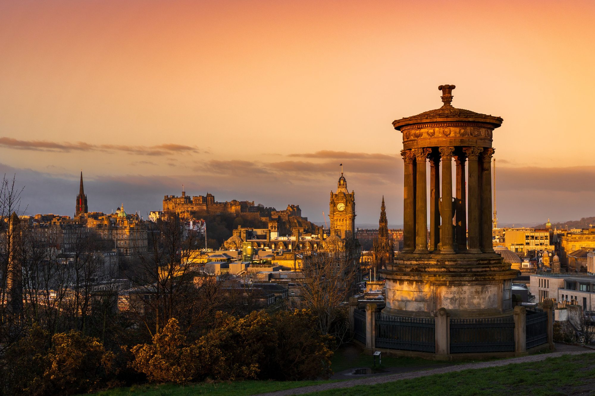 Edinburgh at sunset, looking west towards the castle and the city centre